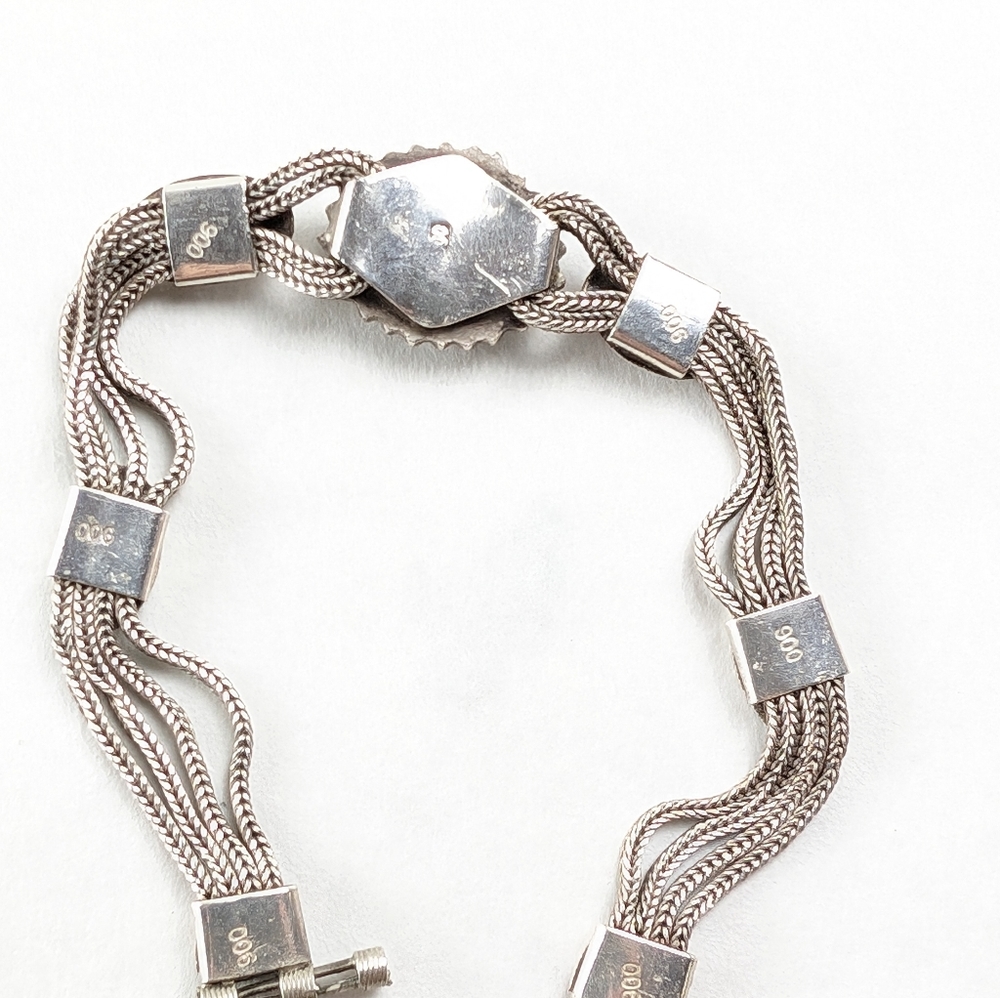 Antique 900 Silver Multi Stand Marcasite Cabochon Bracelet View 2